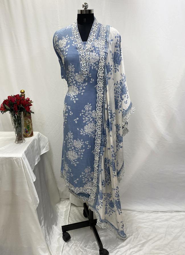 Muslin Blue Casual Wear Embroidery Work Dress Material